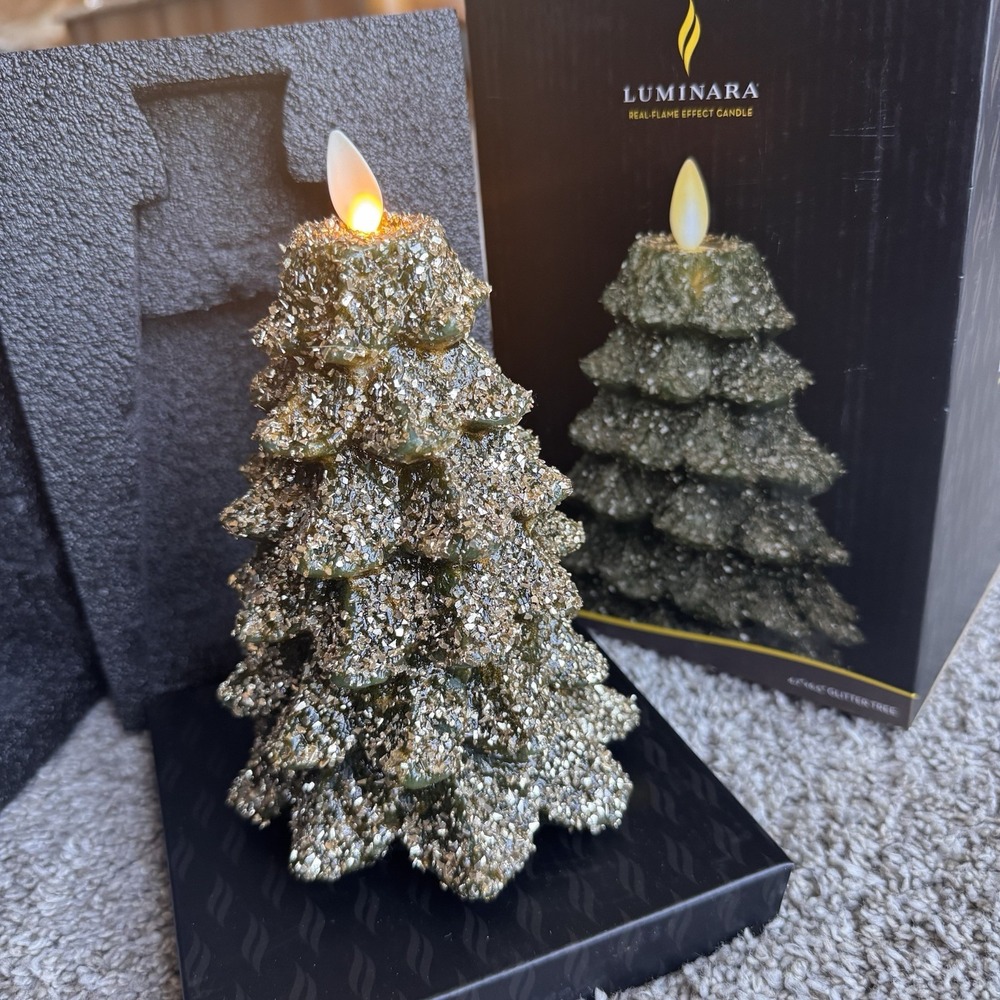 Luminara Christmas Tree Flameless LED Candle Green 4.7" x 6.5" Moving Flame NIB